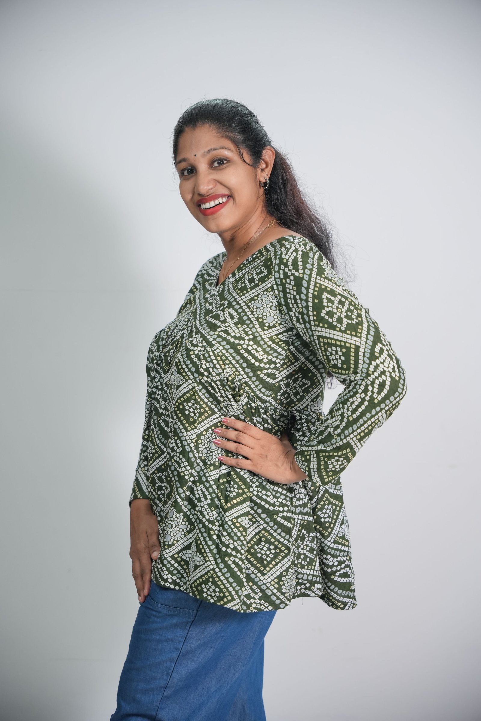 Olive Green Rayon Bandhani Print Short Kurti